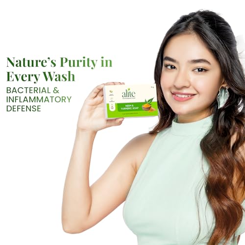 Image of Alite Neem & Turmeric Soap for Skin Purification & Natural Glow | Herbal Bath Soap with Neem Oil & Turmeric Extract | Cleanses Tan Build-Up, Supports Even-Toned Skin | Men Women | Paraben-Free | 75g Each Pack of 4
