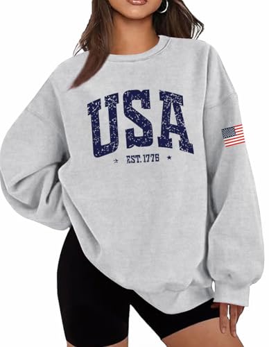 Lacozy Womens Oversized USA Sweatshirts American Flag Crewneck Sweater Long Sleeve Loose Fleece Tops 4th of July Outfits