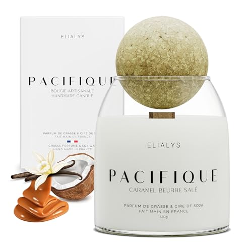 Listado de Fabricas de Francia Perfumes , tabla con los diez mejores. 48 ELIALYS - Vela perfumada hecha a mano con perfume de pasta, caramelo salado, mecha de madera crujiente - PACIFIQUE, 12 onzas, ± 70 horas de combustión, fabricada en Francia,...