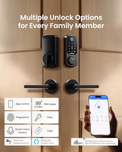 Image of DESLOC B200 Fingerprint Smart Lock with 2 Lever Handles, Keyless Entry Front Door Lock Set, Electronic Keypad Deadbolt, App Control, Auto Lock, Long Battery Life,Matte Black