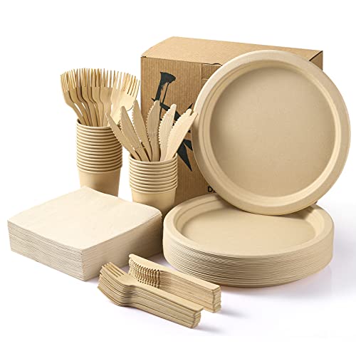 MORGIANA 200 Stück Einweggeschirr Set, plastikfreie bambus geschirr, pappgeschirr set, pappteller für Party, Picknick, BBQ, Service für 25 Personen Cover