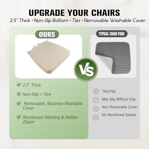 kingphenix Dining Chair Cushions Set of 4, 2.5 inch Thick Kitchen Chair Pads with Ties, Non Slip Bottom, Removable Washable Cover, 17&rdquo; x 16&rdquo;, Beige