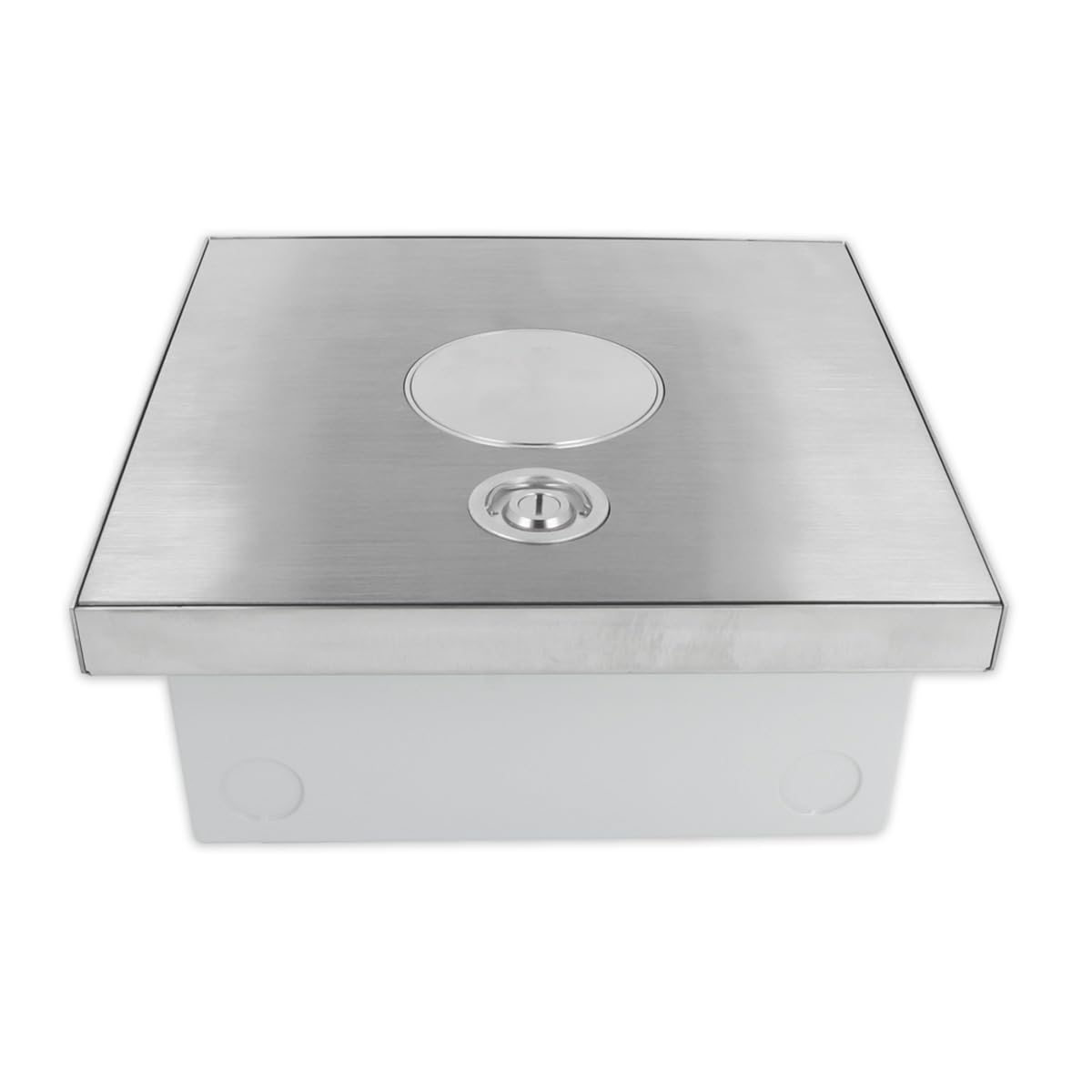 Edelstahl Bodentank mit verschließbarem Klappdeckel mit Tubus Kabelauslass Bodensteckdose IP54 individuell bestückbar Platz für 8 bzw. 16 Module