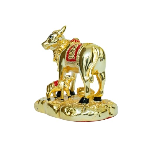 Image of Gold Plated Cow and Calf Idol | Medium Size Gomata Statue for Home Temple & Vastu | Prosperity Showpiece for Pooja & Decor | Hindu Sacred Cow Figurine | 9 x 6 x 10 cm