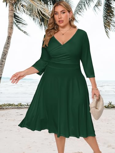 Image of Plus Size Dresses for Women A-Line V-Neck Swing Flowy 3 /4 Sleeve | 3 /4 sleeve,v neck,pockets,casual,cocktail,wedding,holiday,home,work,date party,vacation,outdoor