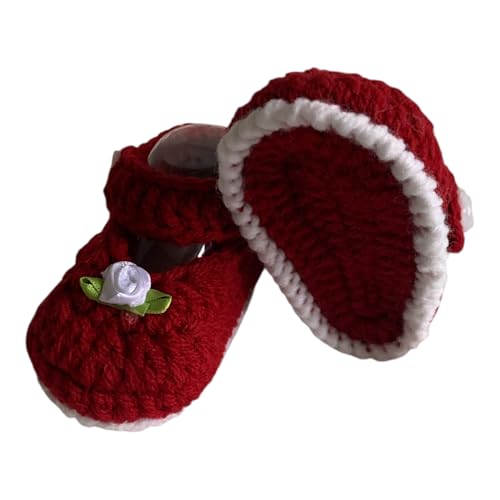 Handmade Baby Girl Crochet Mary Jane Shoes, Red Cotton with White Rose, Soft Knit Booties for Newborn3