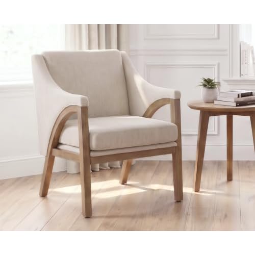 CIMOTA Modern Accent Chair with Solid Wood Frame, Upholstered Living Room Chair with Seat Cushion, Comfy Reading Armchair for Bedroom/Office/Lounge/Reception Room, Beige