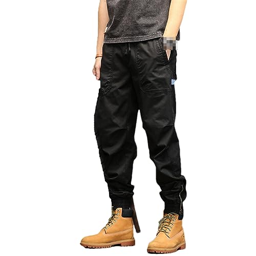 Hndudnff Men's Multi-Pocket Pants Casual Cotton Cargo Pants Drawstring Ankle Length 9 Part Trousers
