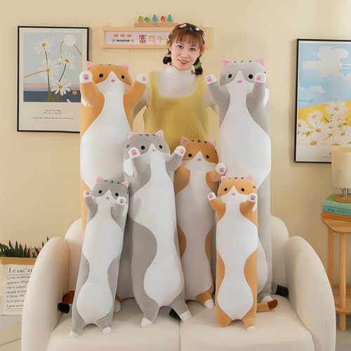 AMOZO Katzen Kuscheltiere süße Lange Katzen Plüschtiere, Niedliche Weiche Katze Stofftiere Plüsch Kissen Spielzeug für Mädchen und Kinder (Grau, 50cm)