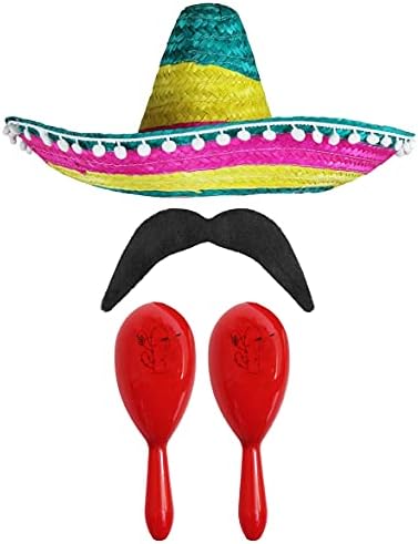 MEXICAN FANCY DRESS ACCESSORY SET - MEXICAN SOMBRERO WITH MARACAS AND TASH BLACK POM POM SOMBRERO + 2X GREEN MARACAS