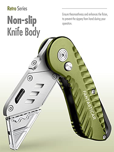 Fantasticar Folding Utility Knife, Quick Blade Change Box Cutter, Anti-Slip Metal Body, With Safety Lock And 5 Extra Blades (Retro Green) #TOP2