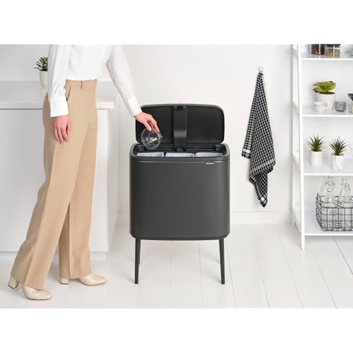 Image of Brabantia Bo Touch Top Kitchen Trash Can with Three Compartments & Raised Legs | Confident Gray | 3 x 3 Gal Inner Buckets | Soft-Close Garbage Can, Stay-Open Lid | Fits Against Wall | + Trash Bags