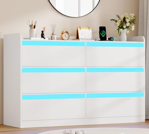 YUNSCEND 6 Drawers Dresser for Bedroom White Chest of Drawers with LED Lights and Charging Station 47 Double Dressers TV Stand with Deep Drawer for Living Room Closet Hallway Entryway UXKCG006W