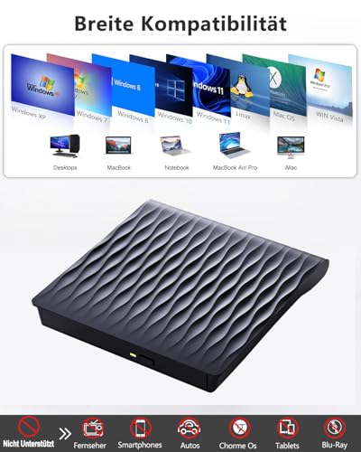 DANGZW Externes DVD CD Laufwerk, USB 3.0 Typ-C Slim Tragbares CD DVD +/- RW ROM Laufwerk Extern USB, DVD Brenner, Player, und Writer für Laptop PC, Windows 11/10/8/7/XP/Vista, Linux und MacOS