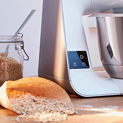 Bosch Küchenmaschine Serie 4, integrierte Waage, Mixer 1,25 L, Edelstahl-Schüssel 3,9 L, Profi-Knethaken, Schnee-, Silikonbesen, Durchlaufschnitzler, 4 Scheiben, 1000 W, weiß, MUM5XW20