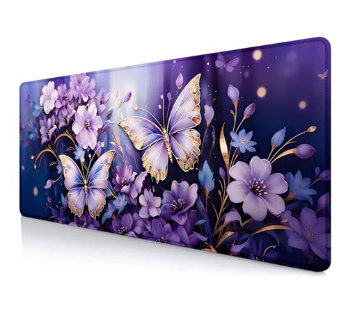 Image of IMAYONDIA Gold Butterfly Desk Pad, Purple Flowers Large Mousepad, Floral Desk Mat, Modern Beutiful Extended Mouse Pads for Laptop, Computer Pad for Women Girls Office, 31.5x11.8 in