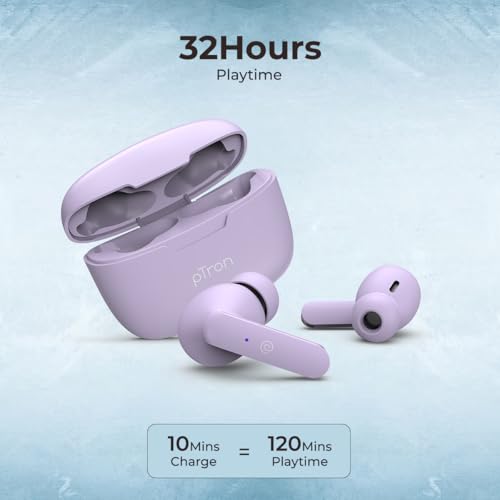 Image of pTron Basspods P81 in-Ear Wireless Earbuds, Pristine Sound, 32Hrs Playtime, Clear Calls TWS Earbuds, Bluetooth V5.1 Headphone, Type-C Fast Charging, Voice Assist & IPX4 Water Resistant (Light Lilac)