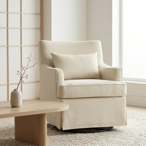 Sillón giratorio beige de tela con cojín grueso