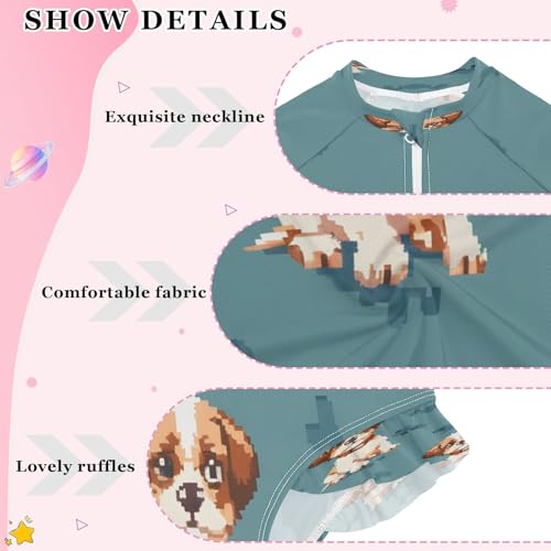 senya Toddler Girl Long Sleeve Ruffle Swimsuit One Piece Zipper Rash Guard Bathing Suit with UPF 50+ Brown White Puppy4