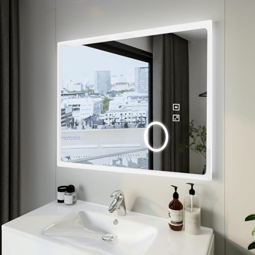 CROWNSHOP Bluetooth LED Bathroom Mirror 70x50cm - Anti-Fog Smart Mirror with 3X Magnification & 6500K Lighting | IP54 Waterproof | HD Glass | Modern Vanity Mirror for Makeup & Shaving
