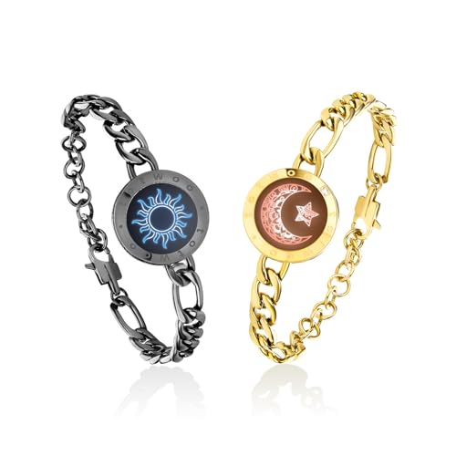 TOTWOO Long Distance Touch Bracelets for Couples, Vibration & Light up for Love Couples Bracelets, Sun&Moon Touch Bracelets with Figaro Chain(Black+Gold) Gifts for Friend Bluetooth Pairing Jewelry