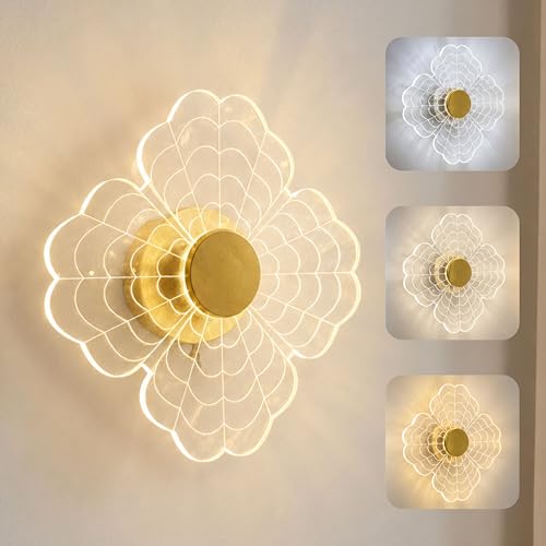 Image of Bloom Aura LED Wall Light, 3-in-1 Colour Adjustable Flower Wall Lamp, Acrylic Gold Finish Decorative Light for Bedroom, Living Room, Staircase, Office & Hotel, 24x24 cm (Bloom Aura)