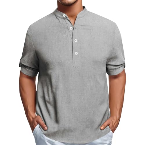 Chemises en lin pour homme - Chemises à manches courtes en coton et lin pour homme - Polo à manches courtes - Col en V - Lot long - Blanc - T-shirt de sport...