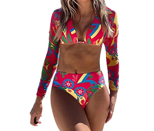 quanmengsh511 Damen Bedruckte Schlangenhaut -Badebekleidung eine Schulterringkette offener sexy Seitenschnurgarn -Garn Überschreitung dreiteiliger Strand Bikini,Rot Cover