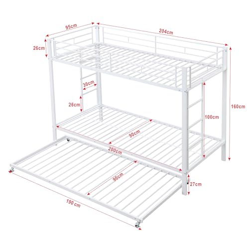 Miniatura 2 de Odikalo Literas 3 Camas 90x200 Cm Con Cama Extraíble 90x190 Cm Incluidas Las Pastillas De Freno, Marco De Camas De Metal Con Barreras De Seguridad, Con Somier De Láminas, Sin Colchón, Blanco
