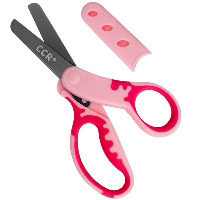 CCR Kinderschere, Schere Kinder 13,5 cm Schwarz Beschichtete Kinderschere mit Hülle, Sicherheitsschere mit Weichem Griff für Haus, Schule, Kinderkunst und Handwerk,Rosa Farbe