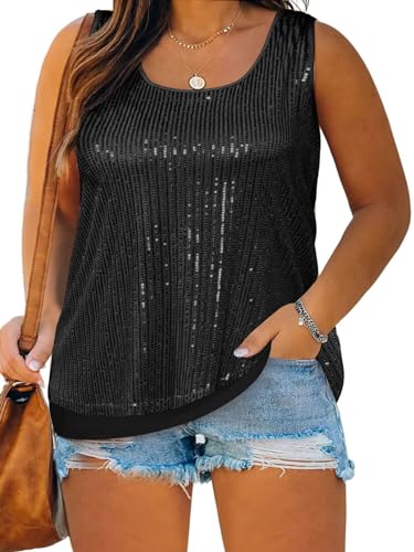 Imily Bela Womens Plus Size Sequin Tank Tops Summer Scoop Neck Sleeveless T-shirts Sexy Sparkle Shimmer Tunic Tops