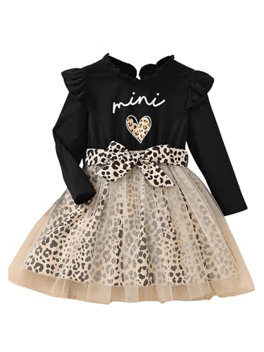 MakeMeChic Girl's Leopard Graphic Print Belted Dress Long Sleeve Round Neck Ruffle Mesh Short Dresses
