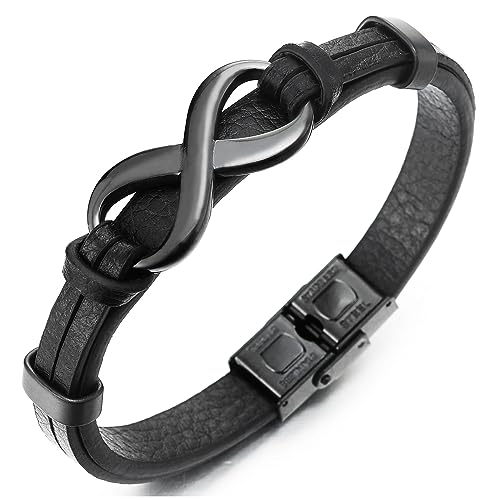 Pulsera de cuero negro con acero inoxidable miniatura 1