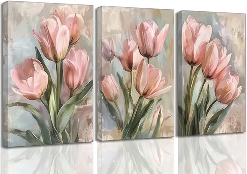 Image of 3 Pcs Vintage Pink Tulips Flowers Canvas Wall Art Retro Spring Pink and Green Floral Botanical Paintings Pictures Wall Decor Poster Print Artwork for Living Room Bedroom Home Decoration