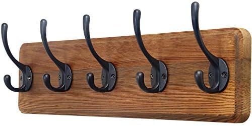 SKOLOO Rustic Wall Mounted Coat Rack: 16-inches Hole to Hole, Pine Solid Wood Coat Hook Hanger - 5 Hooks for Hanging Clothes Robes Towels Coats