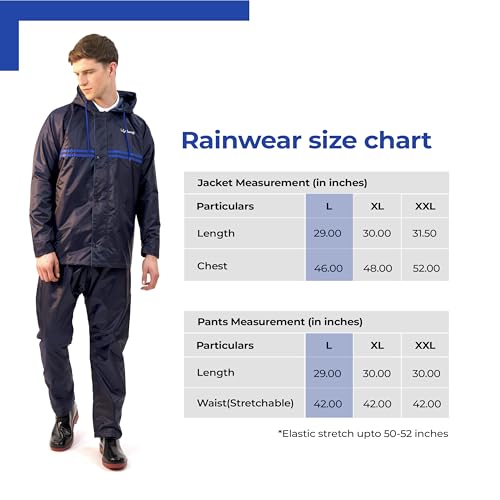 Image of Lifelong Men's Waterproof Raincoat Set - Reversible Double Coated Rain Suit with Hood, Inner Mobile Pocket | Zip & Snap Closure | Lightweight Polyester | Monsoon Wear| L Navy Blue & Royal Blue Stripe
