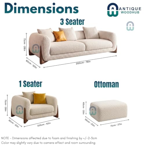 Image of Modern Boucle Sofa for Living Room Bedroom Reception and Office Wooden Polished Leg Sofa for Living Room (Sage Green and Off White, 3+1+Ottoman)