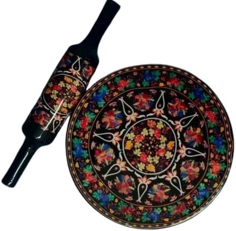 Samyuktha Flower Printed Marble Chakla/Rolling Board and Wooden Belan/Rolling Pin Without Stand (10 inch) Multicolor.