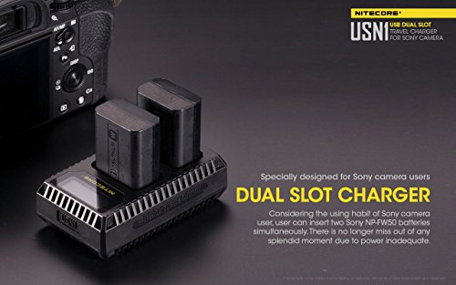 Nitecore Usn1 Digital Dual Slot Travel Camera Charger For Sony Np-Fw50 Batteries, Compatible With A5000, A5100, A6000, A6300, A6500, A7, A7 Ii, A7R. A7R2, A7S, A7S Ii, Dsc-Rx10S And Lumentac Adapter #TOP1
