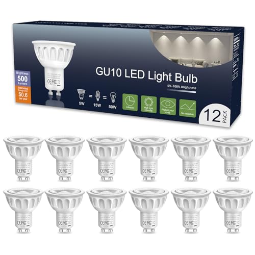 GU10 LED Bulb Dimmable, 50W Halogen Equivalent, 5000K Daylight White Natural Light Bulbs, 500LM White Light Bulbs Replacement for Recessed Track Living Room Bathroom Lighting, 5W 12 Pack
