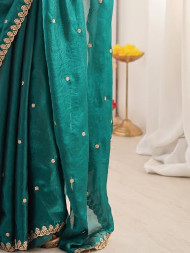 Image of AKHILAM Women's Shimmer Tissue Embroidered Saree With Unstitched Blouse Piece