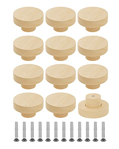 Image of Zepolu 12 Pack Round Wood Knobs - 1.2” Diameter, Boho Cabinet Furniture Knob, Wooden Knobs for Dresser Drawers, Natural Wood Kitchen Cabinet Pulls Handles with Screws