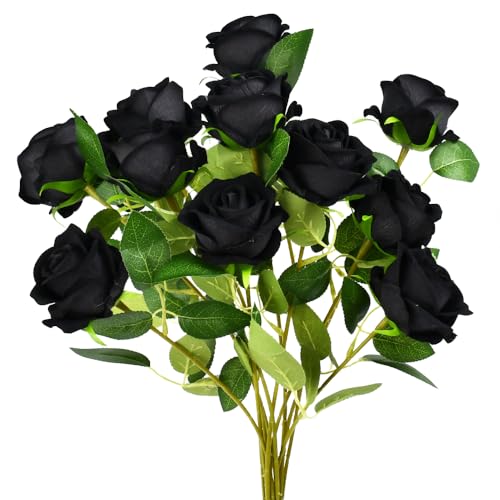 FuxFuis 12 PCS Rosa Negro Artificiales Flores de Seda Realistas Flores de Rosas Falsas Flores Artificiales de Rosas Rosa Flores Artificiales Rosas Artificiales de Tallo Largo para Decoración Hogar