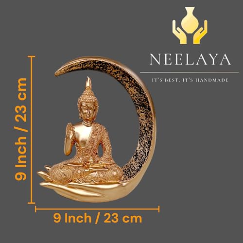Image of Antique Big Meditating Moon Buddha Statue Showpiece for Home Decor - Living Room - House Warming - Office - Gifting - Buddha Idol Polyresin Decorative Figurine (9 Inch / 23 cm, Gold)