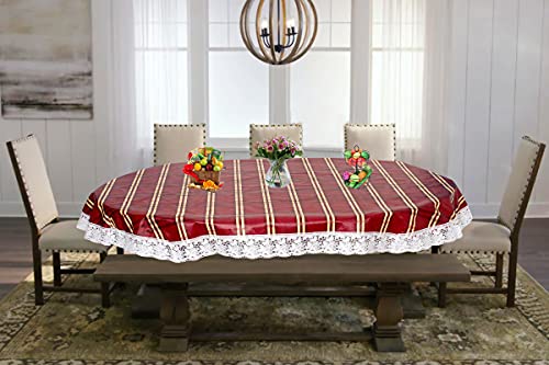 Image of The Furnishing Tree Waterproof PVC Oval Shaped 8 to 10 Seater Table Cover WxL 60x108 inches Plaid Pattern Red with White Border lace