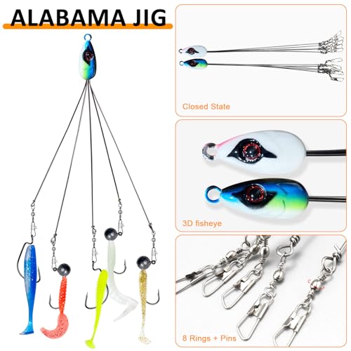 Set de 63 Piezas Alabama Rigs Kit con 5 Brazos, Anzuelos Jig Head y Señuelos Suaves para Bass, Crappie, Striper, Trucha y Salmón miniatura 5