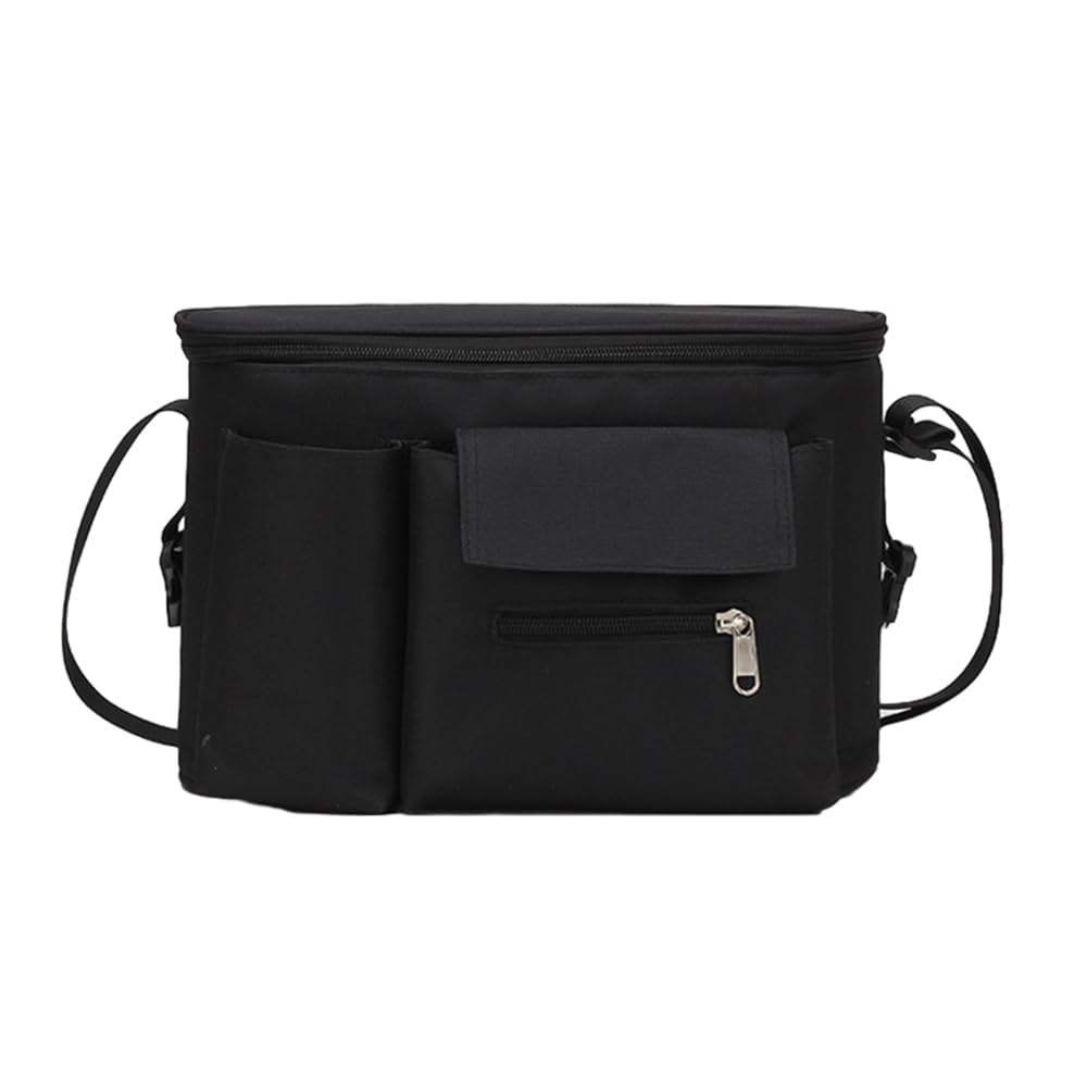 Hiseng Pram Bag Pram Accessories with Cup Holders, Universal Pram Organiser Multifunctional Buggy Bag, Pram Organiser Bag for Diaper Storage, Baby Bottle & Toys Fits (Minimalist Black,31x15x20cm)