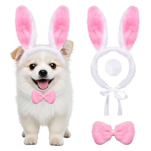 Heliltd 3Pcs Dog Easter Bunny Costume Set Includes Rabbit Ears Headband Bowtie Collar and Tail for Middle Dogs (Pink)