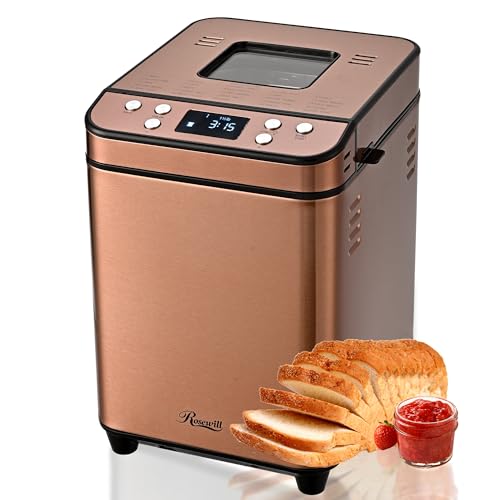 Rosewill 25-in-1 Automatic Bread Maker Machine with 3 Loaf Size up to 2 Lb, 700W High Power Dual Heater Bread Maker with BPA-free Nonstick Coating Pan, Max 15 Hours Delay Timer, Low Noise - Cinnamon