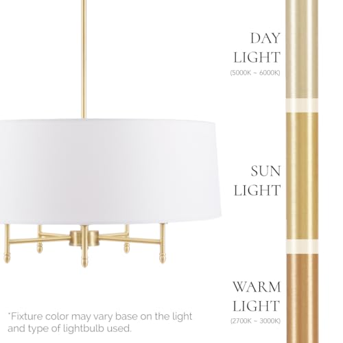 Hampton Hill Presidio 5 Modern Chandeliers-Metal, White Fabric Shade Pendant Light Lamp Ceiling Dining Lighting Fixtures Hanging, 24" Wide, Gold/White - Image 4